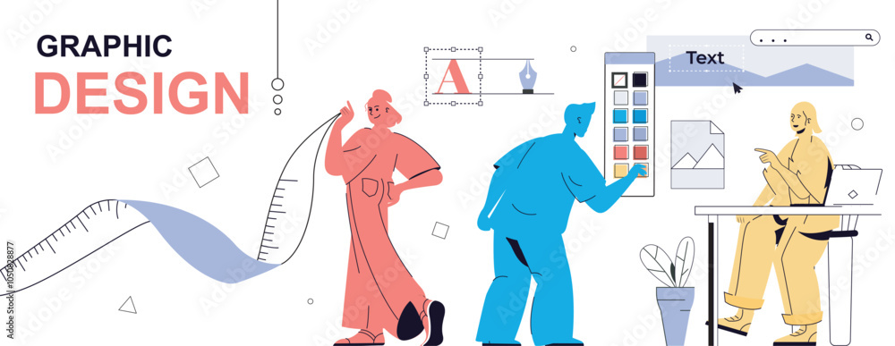 Aufkleber graphic design concept in flat cartoon design for web banner. people doing creative project and bran