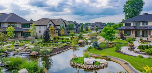 Tranquil suburban neighborhood in summer, luxury houses with well-planned landscapes including water features and seasonal plantings