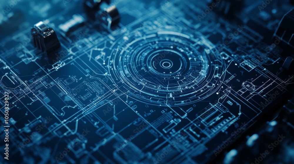 Poster a detailed blueprint-style schematic featuring intricate circuit designs and futuristic elements, gl