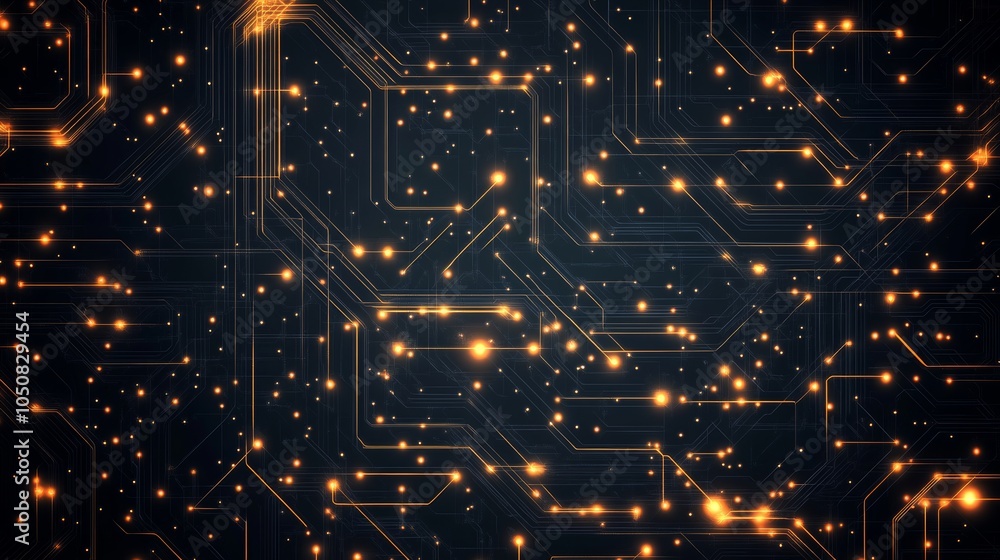 Aufkleber an abstract depiction of a digital circuitry network, illuminated with golden sparks, representing c