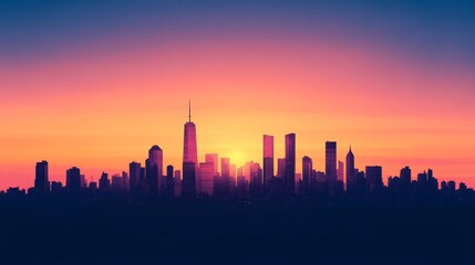 Obraz premium A vibrant sunset casts a stunning glow over a modern city skyline, featuring skyscrapers and architectural landmarks in a mesmerizing digital artwork landscape.