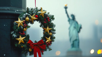 Christmas wreaths with red ribbon and stars in front of the Statue of Liberty in New York City