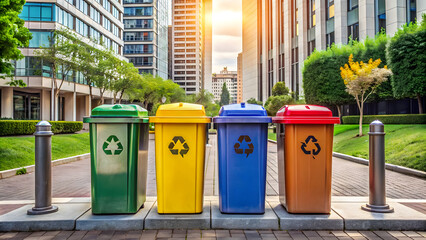 Colorful recycle bins in the city park with cityscape background.