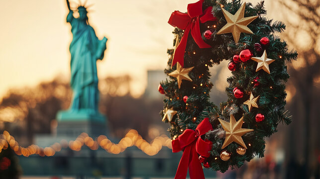Christmas wreaths with red ribbon and stars in front of the Statue of Liberty in New York City - Powered by Adobe