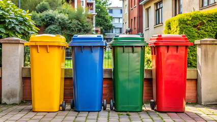 Colorful trash bins in a row on the street. Recycling concept