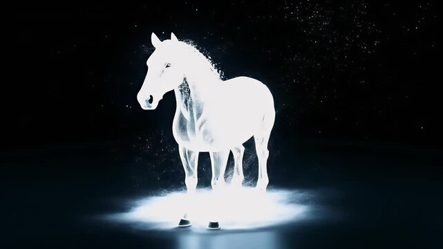 Detailed 3D animation rotating horse model rendered black background featuring flickering particles smooth motion perfect adding creative dynamic element presentations farm racing hippodrome animal