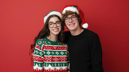 Fototapeta premium A young Caucasian couple wearing Christmas hats and sweaters smiles broadly against a festive red background.