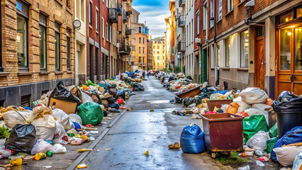 Fototapeta premium View of a rubbish dump. Street full of garbage in the city. Recycling concept