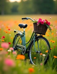Naklejka premium In a field of colorful wildflowers, there is an old-fashioned bike parked with a basket of flowers on its front.