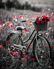 Obraz premium An old-fashioned bicycle parked in a field of colorful wildflowers, including pink and red blooms. The bicycle has a basket filled with flowers on the front