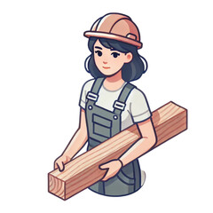 建築者, 力学, ヘルメット,修理,ヘルメットをかぶって、材木を持っている女性の大工のアイソメトリックイラスト画像Isometric illustration image of a female carpenter wearing a helmet and holding lumber