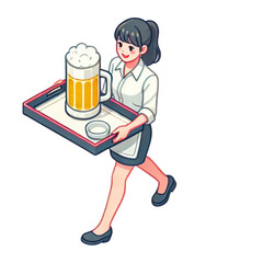 アルコール, ,ビールを運んでいる、女性の居酒屋店員・スタッフのアイソメトリックイラスト画像Isometric illustration image of a female izakaya waiter/staff carrying alcohol, beer