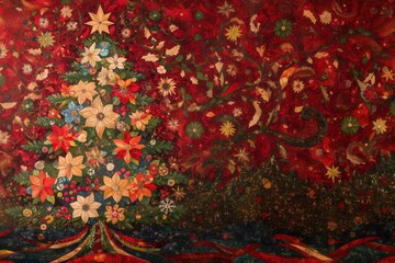 A Christmas tree, with white and gold poinsettias in the shape of stars on it, set against an abstract background of dark burgundy and green, covered by a tapestry pattern of small flowers and leaves.