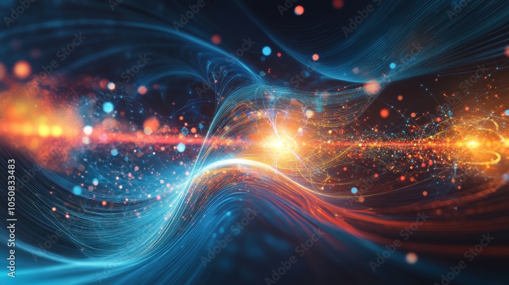Poster this dynamic image visualizes the energetic collision of light waves, using vibrant colors and flowi