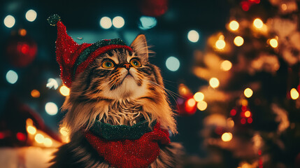 A cat wearing a Santa hat and a red scarf stands in front of a Christmas tree