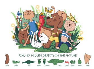Funny cats and dogs. Find the hidden objects.  Educational puzzle game for kids and adults. Cartoon Sketch Vector illustration