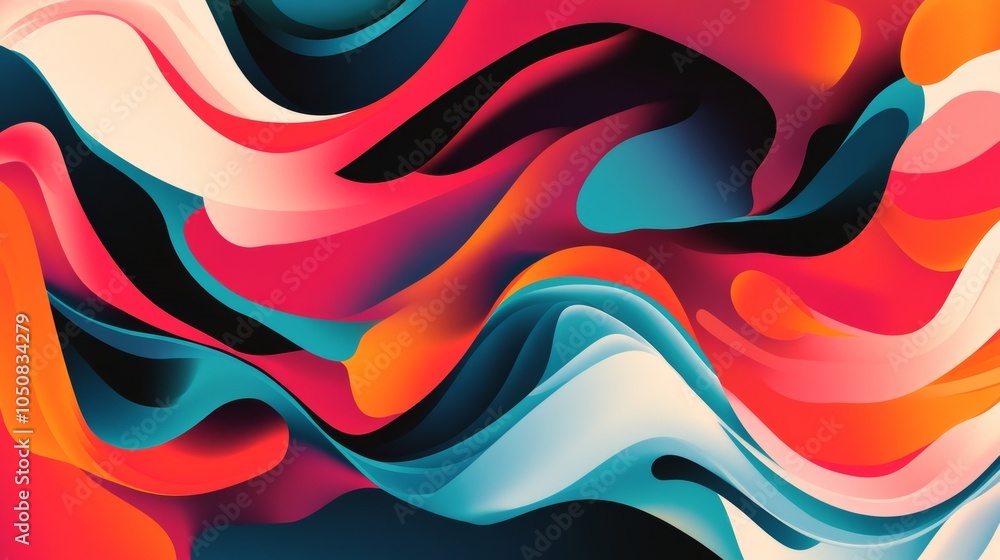 Poster this abstract artwork features a dynamic interplay of red, blue, and white swirling waves, creating 
