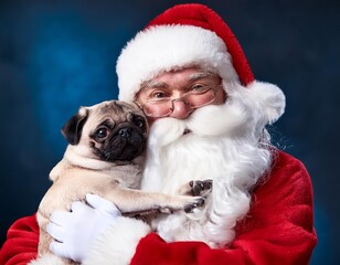 Santa Claus holding a pug in his arms