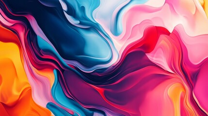 Fototapeta premium An abstract painting showcasing a fluid movement of pink, blue, and orange hues, weaving together to create a sense of elegance and modern sophistication.