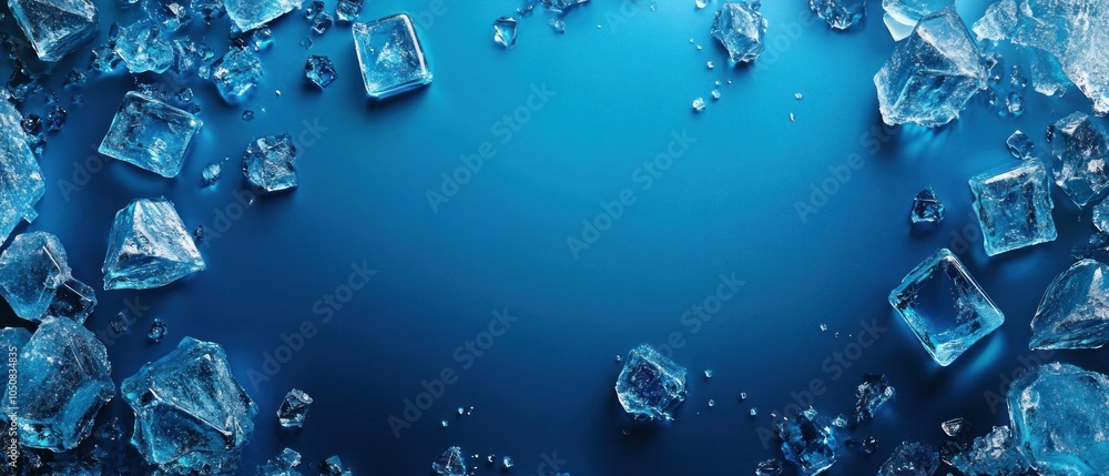 Poster a collection of ice cubes on a blue background, creating a cool and refreshing atmosphere.
