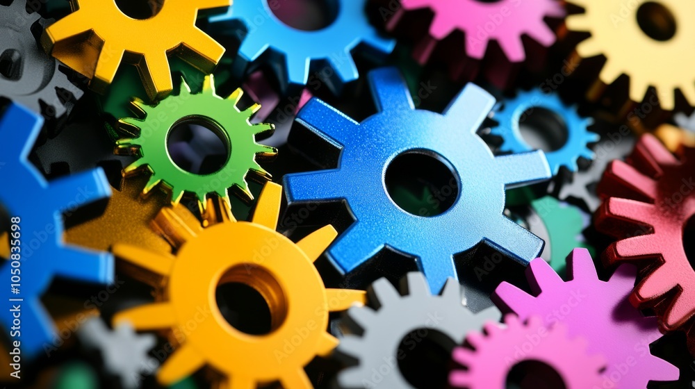 Aufkleber A network of interconnected gears in different colors and sizes, Symbolizing the integration and collaboration of diverse talents, photography style