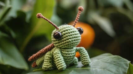 A charming crocheted green insect with detailed eyes and limbs sits on a lush green leaf, capturing the essence of nature and artistic craftsmanship.
