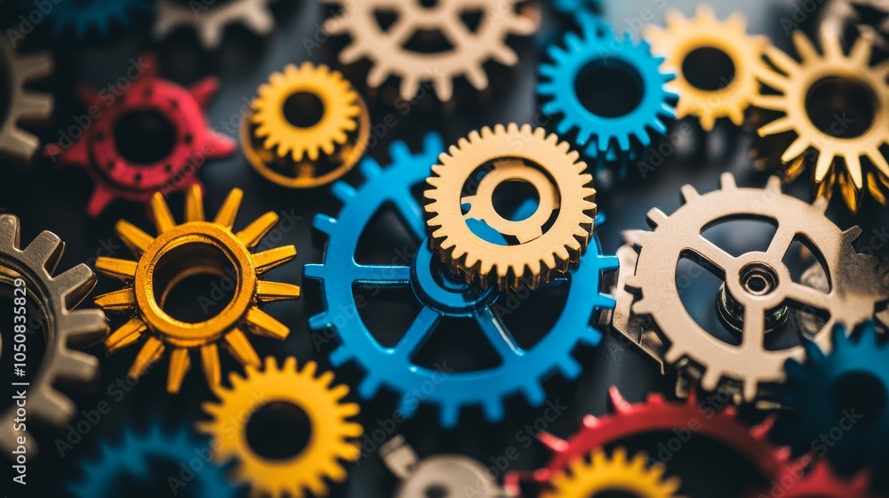 Poster A network of interconnected gears in different colors and sizes, Symbolizing the integration and collaboration of diverse talents, photography style