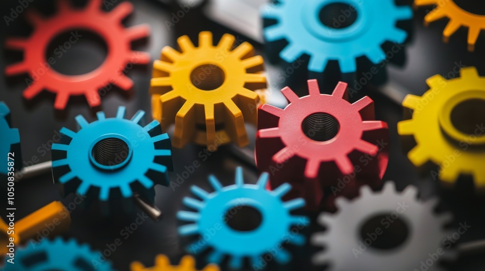 Aufkleber A network of interconnected gears in different colors and sizes, Symbolizing the integration and collaboration of diverse talents, photography style