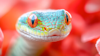 Green snake head close-up on red blurred background, Chinese New Year 2025 symbol