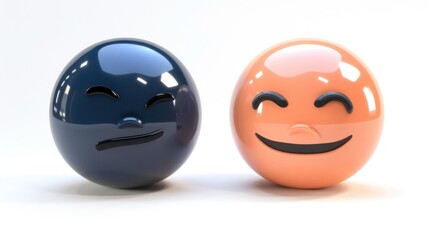 Two 3D emojis, one solid navy blue looking determined, and another peach with eyes closed in bliss, isolated on a white background