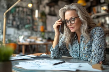 Mature interior designer making notes while speaking to a client on a phone call, Generative AI