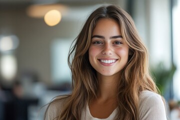 Obraz premium Cheerful young businesswoman smiling at the camera in an office, Generative AI