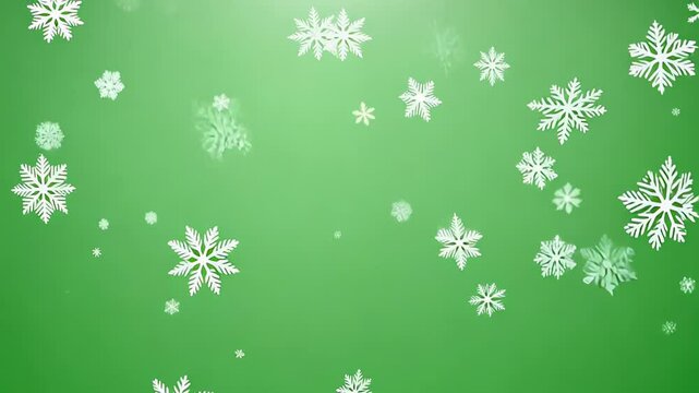 Small white snowflakes gently falling on a light green background in winter. video