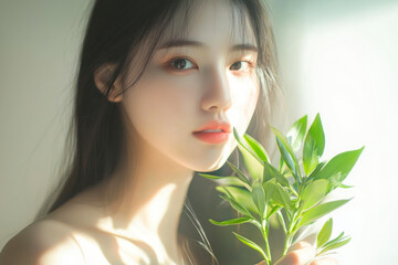 Naklejka premium Asian woman holding plant.