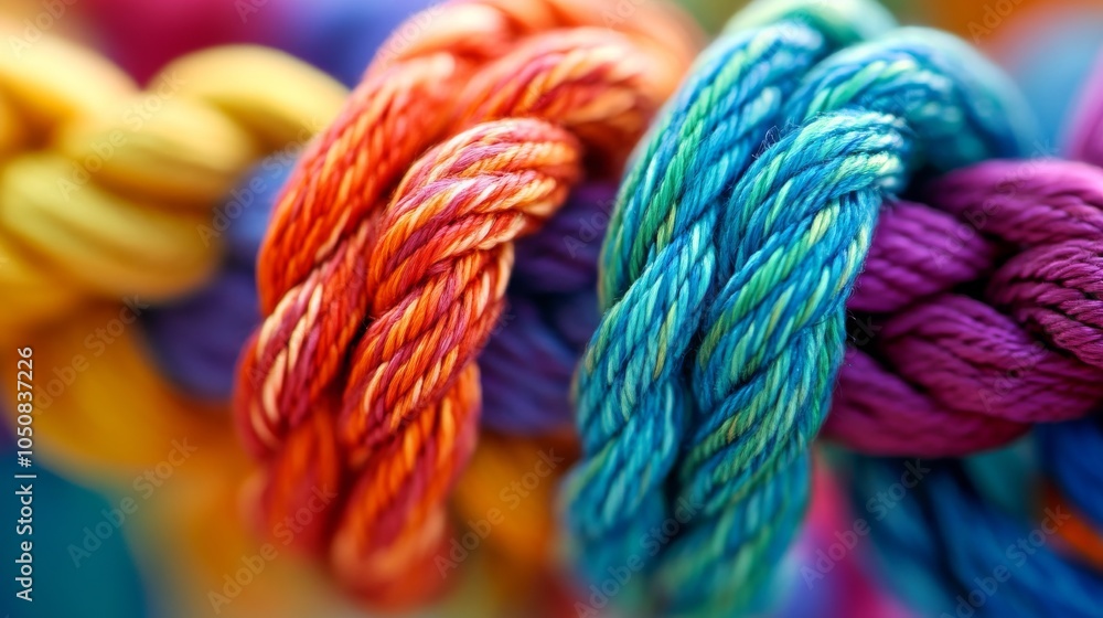 Aufkleber A network of interconnected threads in various hues forming a resilient fabric, Metaphorizing the interdependence and resilience of diverse viewpoints, photography style