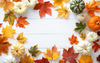 Obraz premium A Thanksgiving or Halloween decoration featuring pumpkins, leaves and berries on a white wooden background.