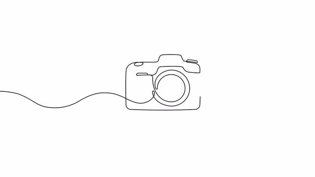 Video. One continuous editable line drawing of a professional camera. Animation on white background. 4K.