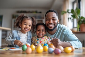 Fototapeta premium Family having fun painting eggs for Easter, Generative AI