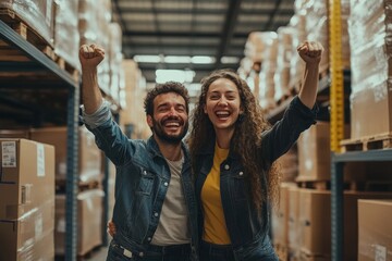 Online store owners celebrating their success in a warehouse, Generative AI