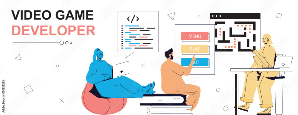 Poster video game developer concept in flat cartoon design for web banner. people creating new product, wri