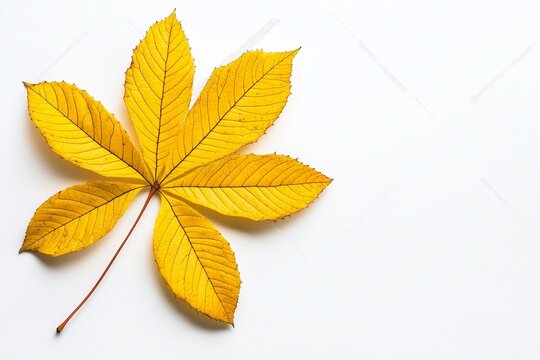 This is a closeup of dried yellow leaves of buckeye or horse chestnut isolated against a white background. Texured foliage herbarium pattern.