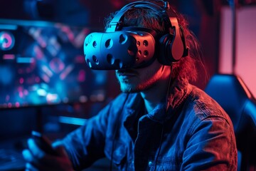 Gamer exploring virtual reality video games in a studio, Generative AI