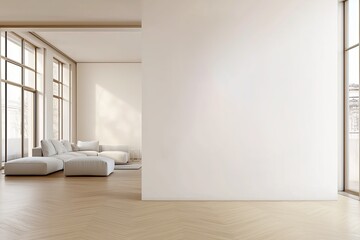 Fototapeta premium Mock-up of blank white wall in living room minimalist interior, empty space for your content