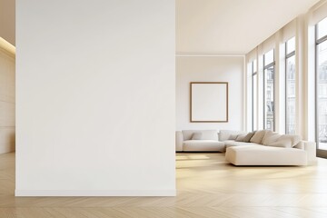 Fototapeta premium Mock-up of blank white wall in living room minimalist interior, empty space for your content