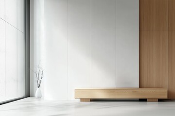 Fototapeta premium Mock-up of blank white wall in living room minimalist interior, empty space for your content