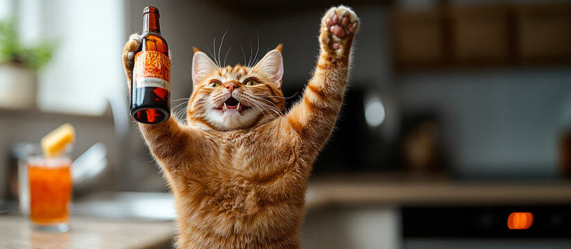 Alcoholic cat with bottle of beer raises paws and shouts, unhinged bender