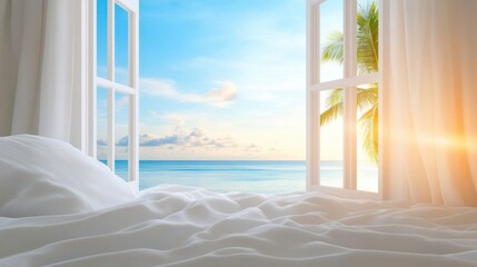 Open window reveals a serene ocean view with palm trees and a bright sunrise, AI