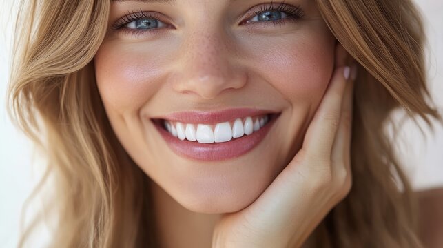 A woman with a bright smile and a pink lip color