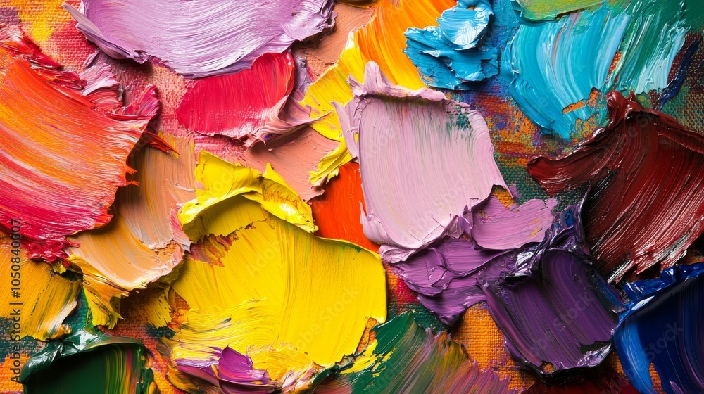 Poster a palette of paint strokes in diverse colors blending into a harmonious composition, illustrating th