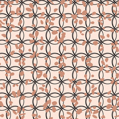 Fototapeta premium Botany and geometrical shapes seamless repeat pattern. Random placed, vector abstract flowers with circles aop, all over print on beige background.